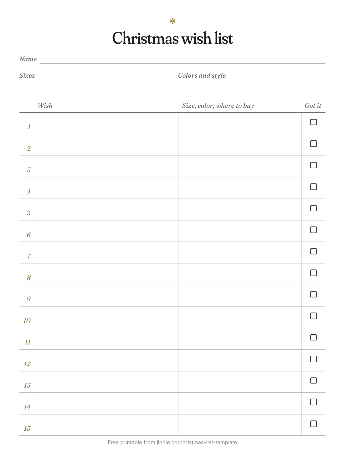 Free printable classic Christmas wish list template for adults with 15 lines and notes