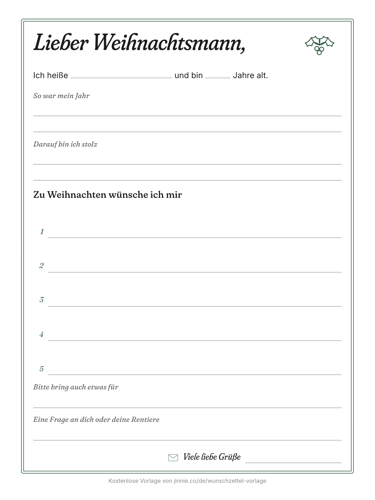 Kostenlose Vorlage für einen Brief an den Weihnachtsmann mit Satzanfängen und Schreiblinien