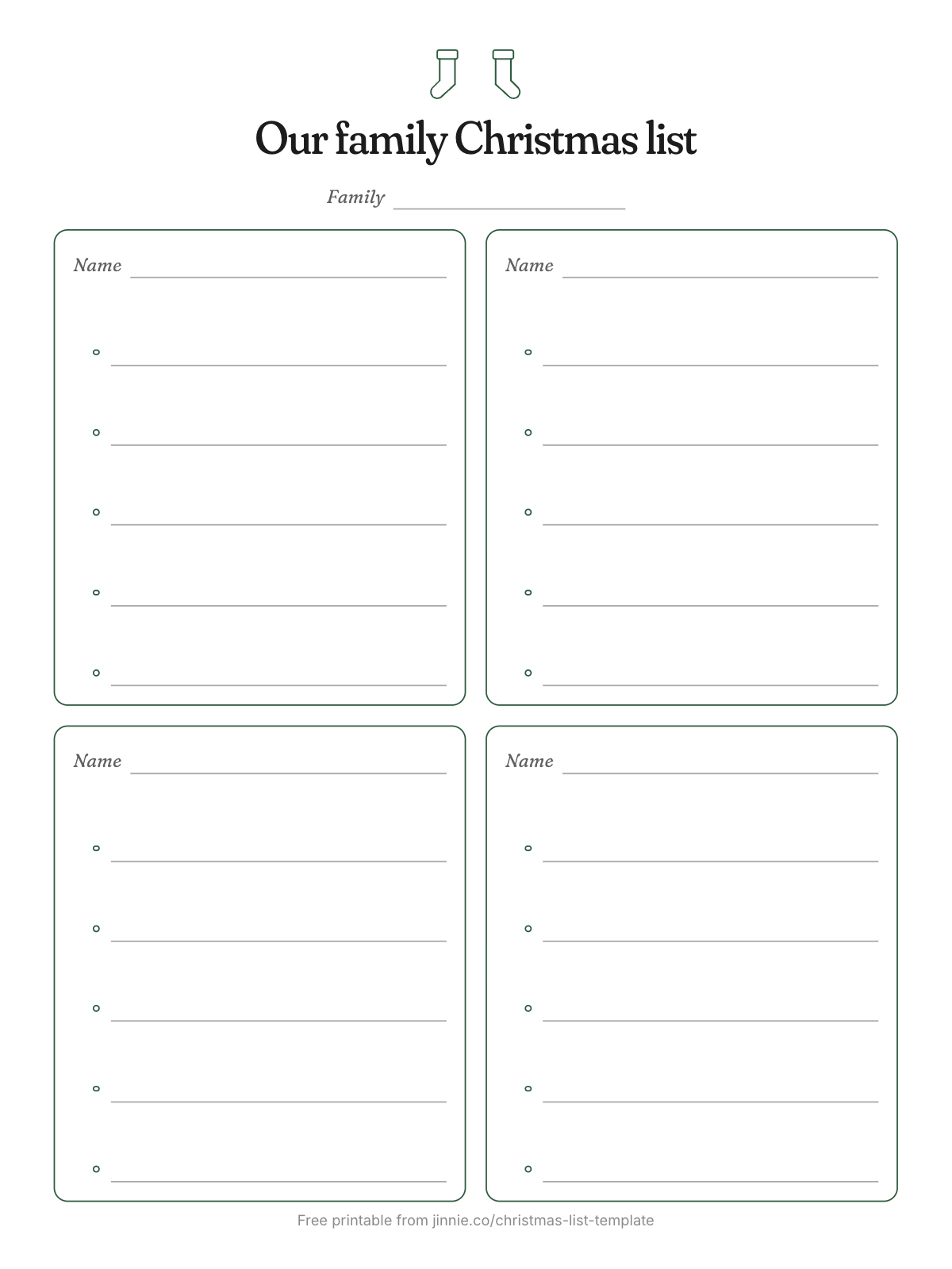 Free printable family Christmas list template with four name boxes and wish lines for each person
