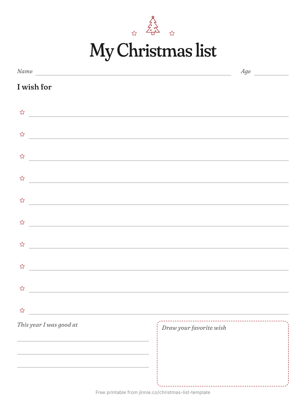 Free printable kids Christmas list template with 10 numbered lines and a drawing box