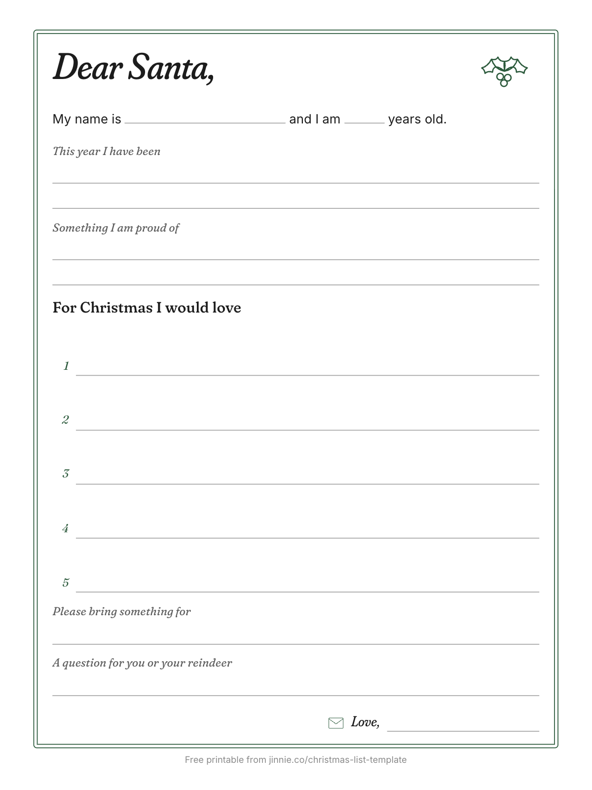 Free printable letter to Santa template with Dear Santa prompts and writing lines