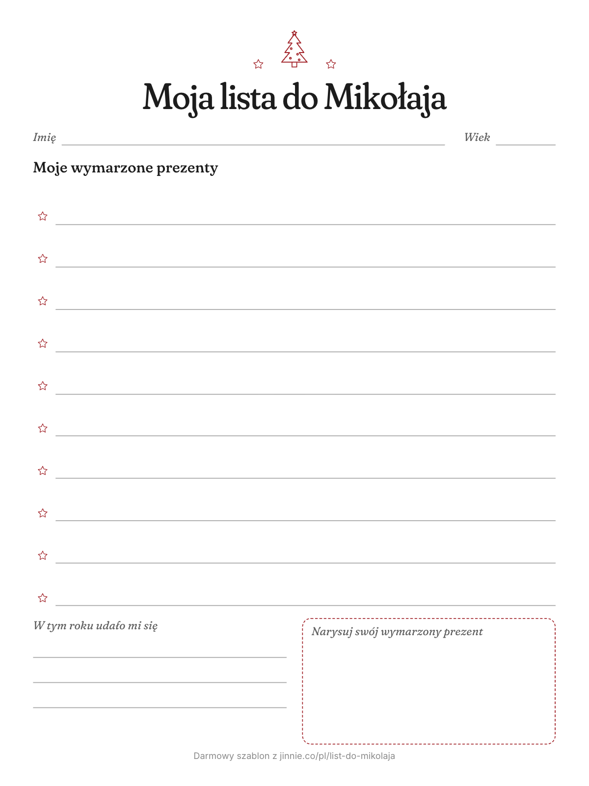 Darmowa lista do Mikołaja dla dzieci do druku, z 10 linijkami i ramką do rysowania