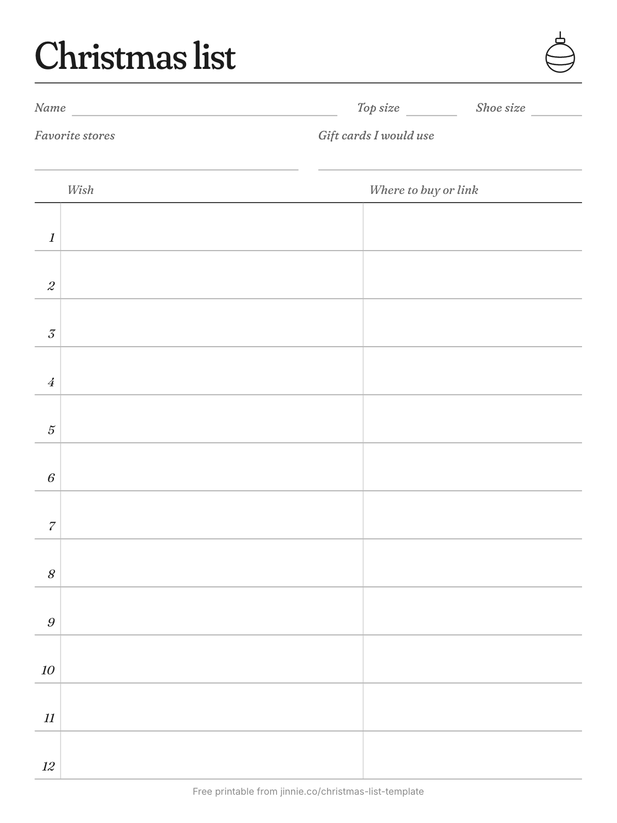 Free printable teen Christmas wish list template with sizes, favorite stores and 12 wish lines